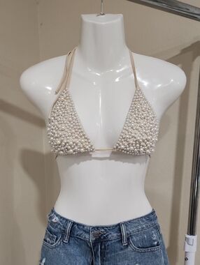 Hot & Delicious Pearl-Studded Bikini Top - Cream